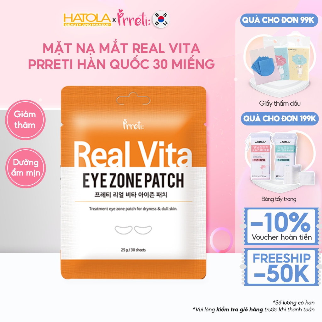 Mặt nạ mắt giảm thâm mắt PRRETI Real Vita Eye Zone Patch với 10 loại vitamin giúp bổ sung dưỡng chất cho vùng da quanh mắt làm sáng da căng tràn sức sống HATOLA