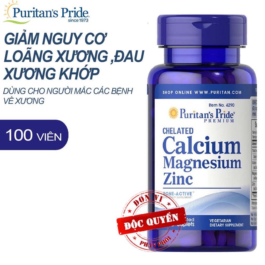 Viên uống tăng chiều cao (HSD tháng 31/09/2025) Puritan's Pride Chelated Calcium, Magnesium & Zinc 100 viên