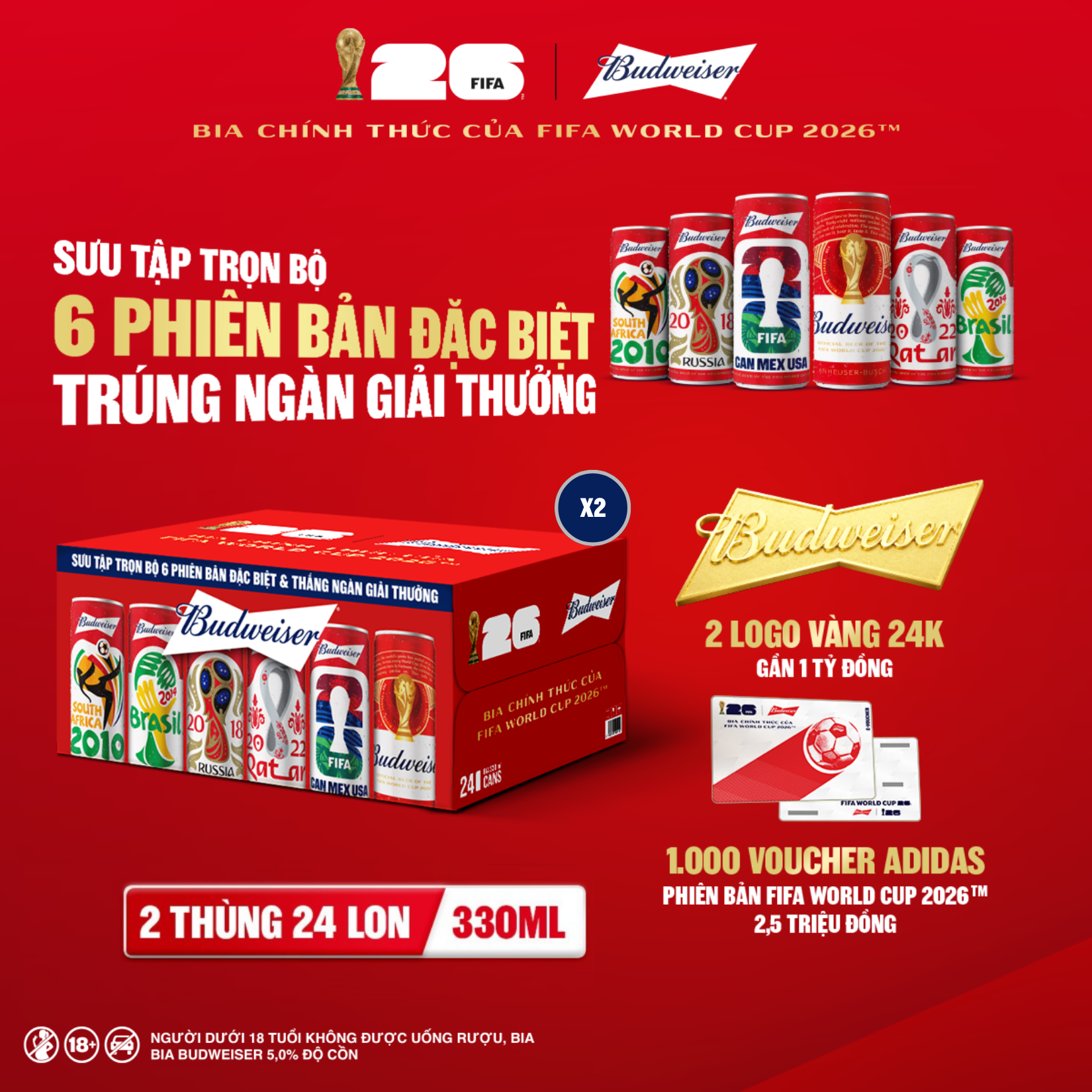 Combo 2 Thùng 24 Lon Bia Budweiser Sleek Can Chính Hãng (330ml/lon)