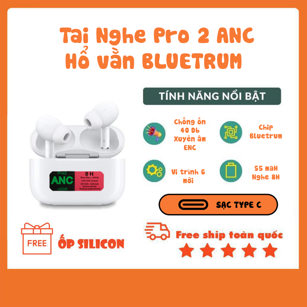 Tai Nghe Bluetooth AP PRO 2 ANC Hổ Vằn CHIP Bluetrum mới Bản Vip Chống ồn 40Db Fix lOS 18 Màng loa xịn Bass đầm Pin trâu 8H Earphone nghe nhạc nhét tai không dây true wireless