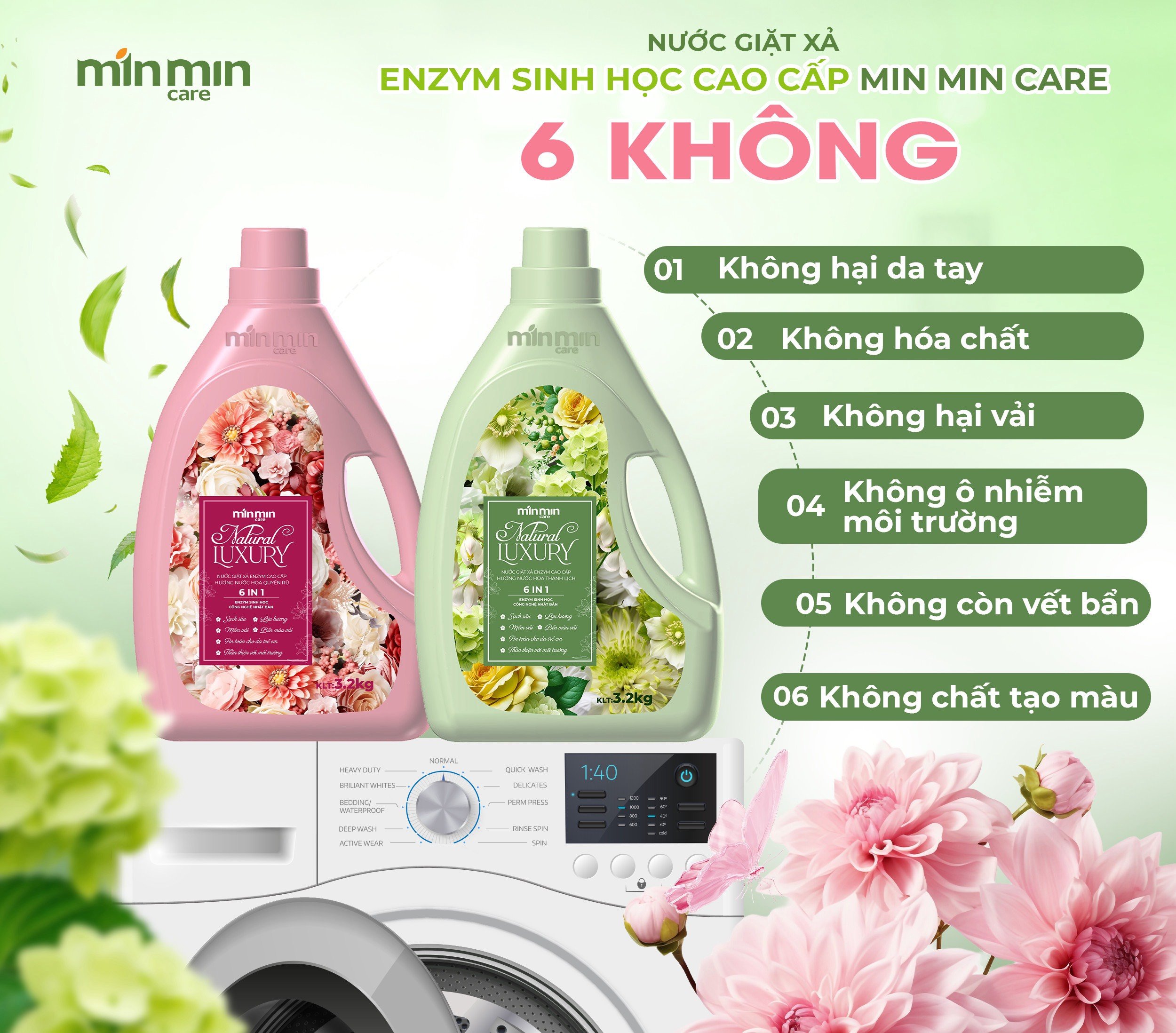 Thùng nước giặt xả enzym cao cấp min min care 6,4 lít -công nghệ Nhật Bản 6in1-Thơm dịu ,mềm vải