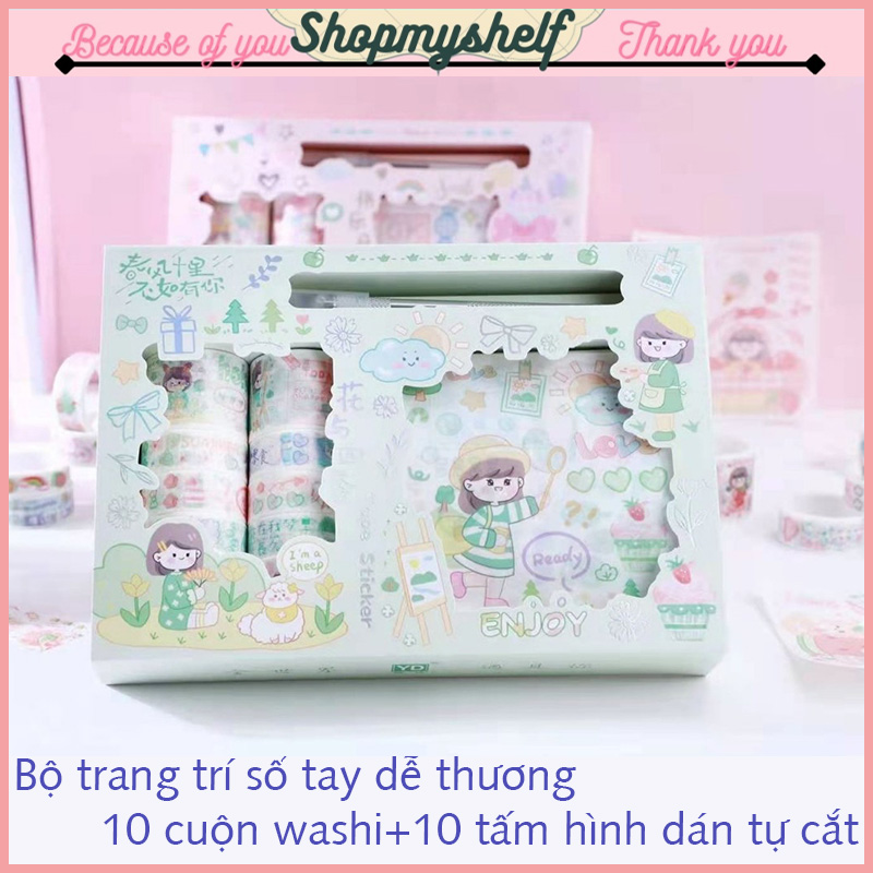 Bộ sticker, washi trang trí sổ tay dễ thương bao gồm: 12 cuộn washi+ 10 tấm hình dán tự cắt - đồ dùng handmade xinh