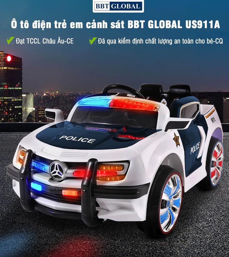 [FREESHIP HN, HCM + BH 2 năm] Ô tô điện trẻ em cảnh sát xanh trắng BBT Global US911A - Tặng quạt tích điện