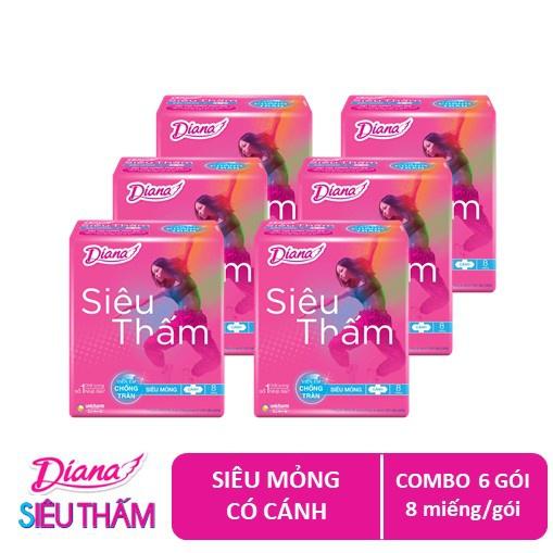 Bộ 6 gói Băng vệ sinh Diana siêu thấm siêu mỏng cánh Gói 8 miếng Bộ 6 gói Băng vệ sinh Diana siêu thấm siêu mỏng cánh Gói 8 miếng