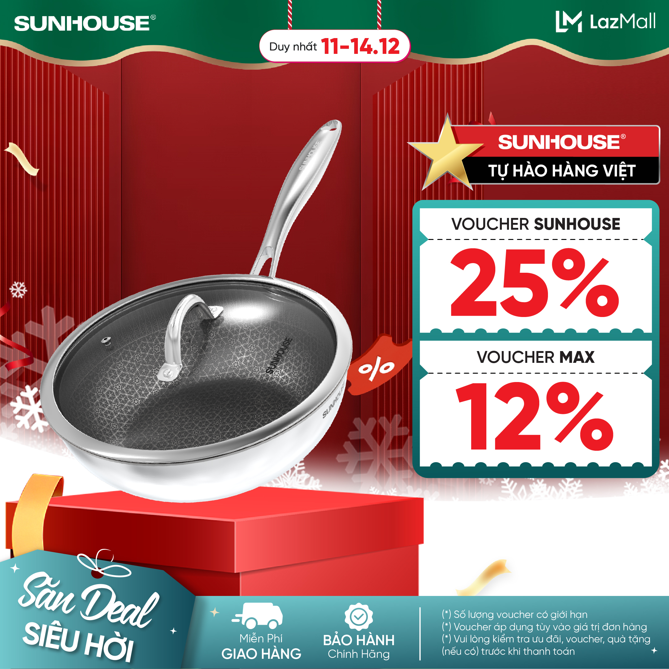 Chảo Xào Chống Dính Sunhouse Healthy Công Nghệ Hybrid Inox Liền Khối Size 26-28cm, Dùng Được Bếp Từ - IN26-28M8VK