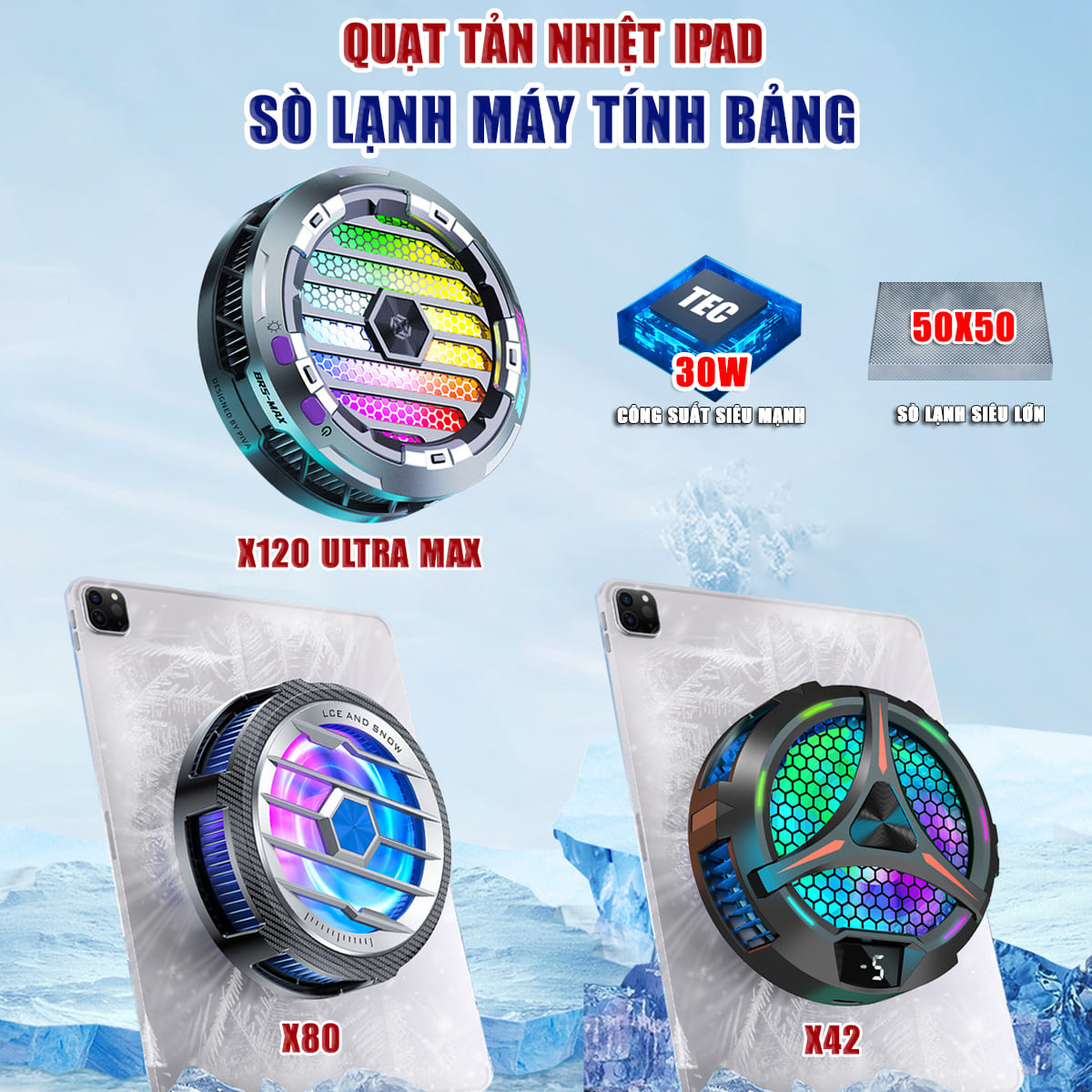 Quạt tản nhiệt Ipad máy tính bảng Piva B2 Max / X42 / X80 công nghệ sò lạnh siêu tản cỡ lớn - Tản nh
