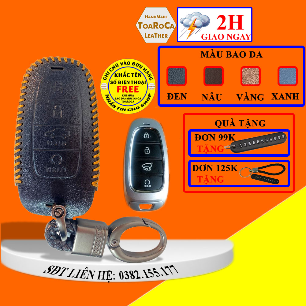 Bao Da Chìa Khoá Smartkey Hyundai SantaFe 2021-2022, Tucson 2022 Handmade Da Bò Thật 100% Toaroca