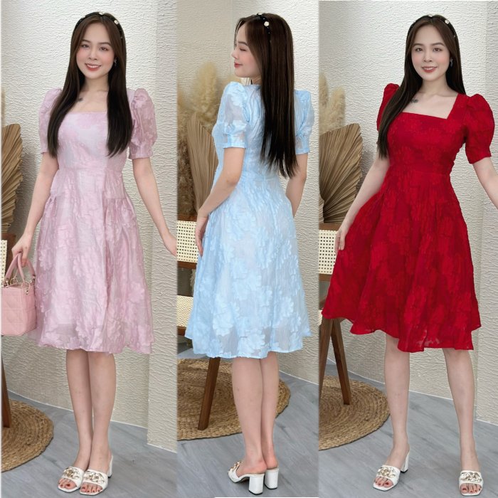 Đầm xòe cổ vuông, tay phồng, in hoa nổi misa - ms0255