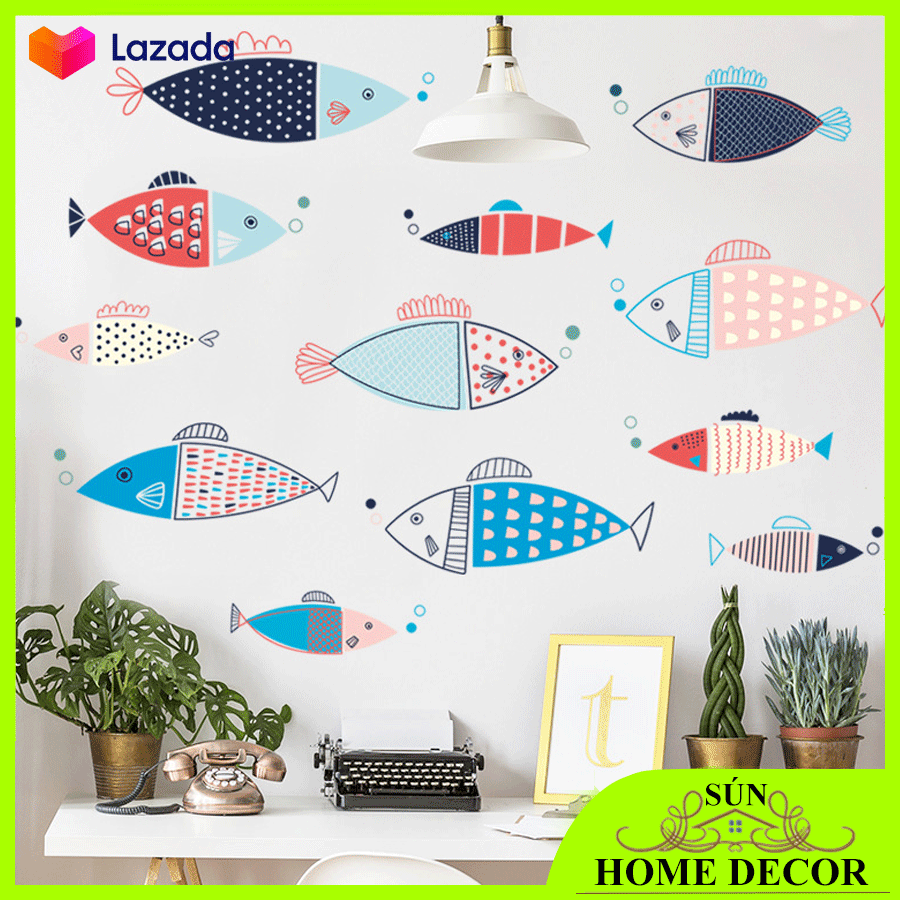 [MẪU CÁ DỄ THƯƠNG] Decal dán tường hình cá đại dương trang trí phòng bé, phòng khách, phòng bếp rất đẹp, sticker tranh trang trí tường đã có sẵn keo các chi tiết tách rời
