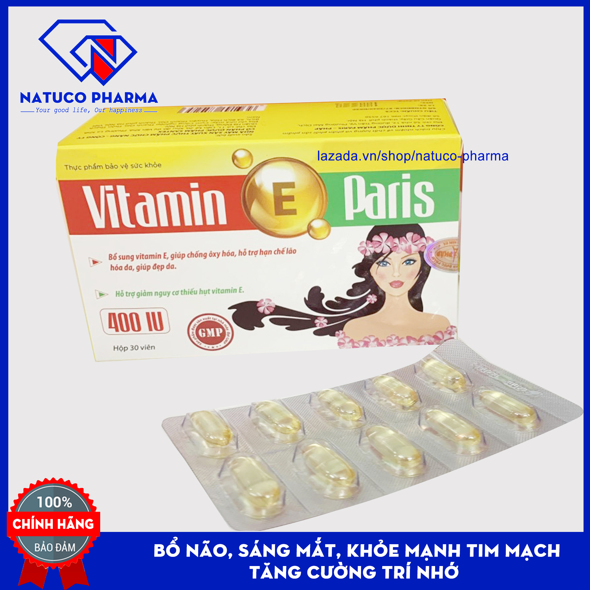 Viên uống Vitamin E 400IU Paris - Bổ sung Vitamin E chống lão hóa- giúp làm đẹp da - Hộp 30 viên Chuẩn GMP Bộ Y tế
