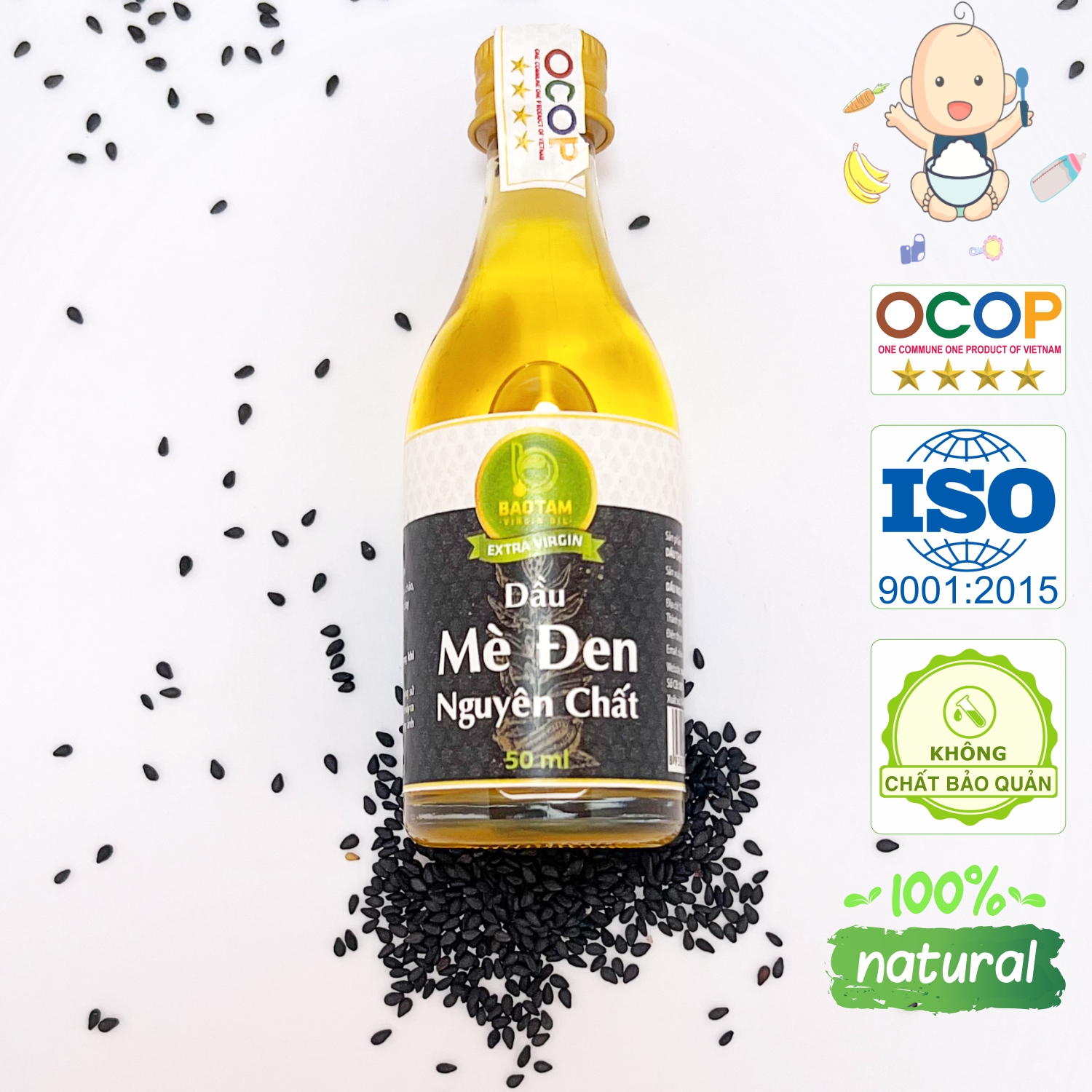 Dầu Mè đen Nguyên chất Bảo Tâm - Dầu Ăn Dặm Cao Cấp Cho Bé - Sản phẩm Thuần Chủng, Tự Nhiên - Hàng Chính Hãng - 50ml