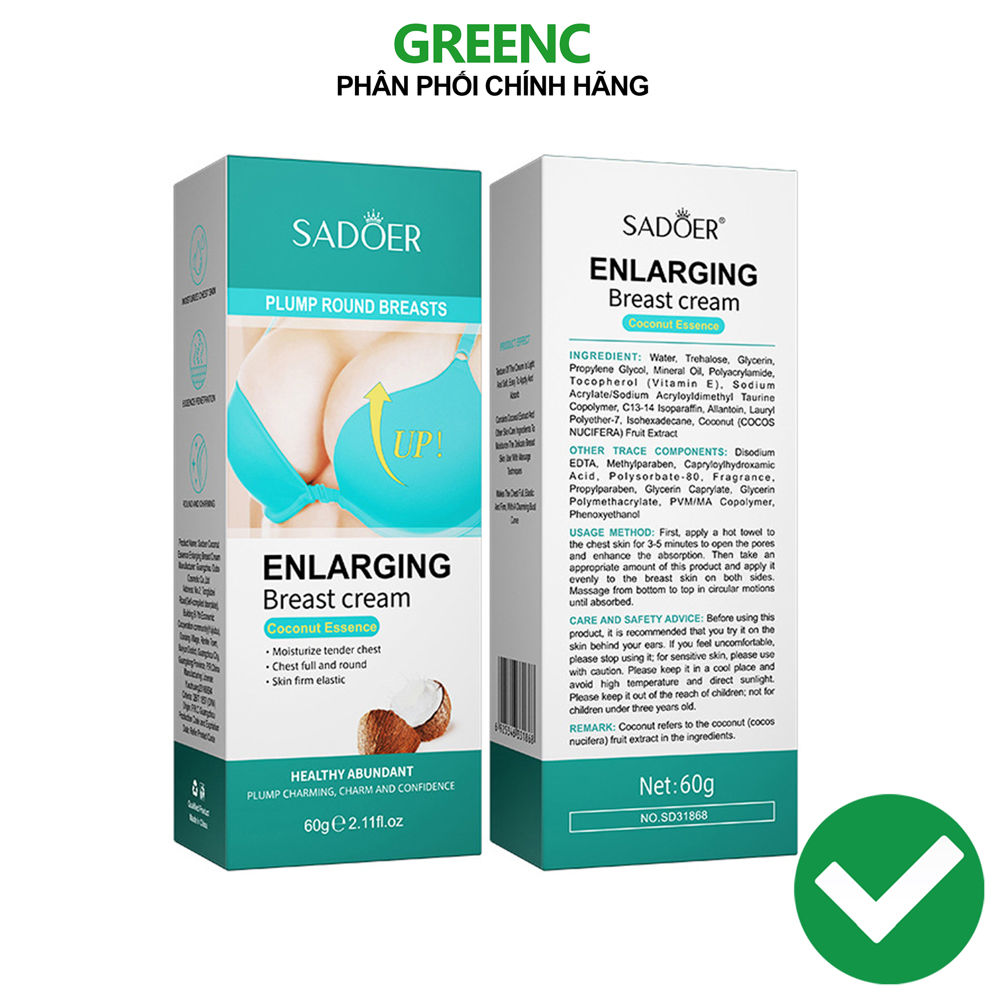 Kem nở ngực tinh chất dừa hỗ trợ nâng ngực tăng kích thước vòng 1 Sadoer Enlarging Breast Cream 60g