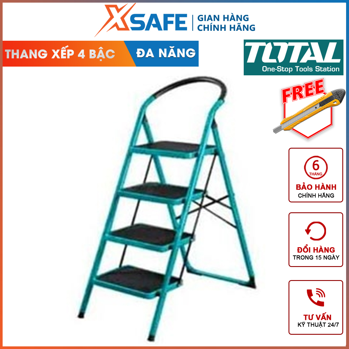 Thang xếp 4 bậc đa năng TOTAL THLAD09041 | thang xếp bốn bậc thang kích thước khi mở thang 8301290mm khả năng tải 150 kg hỗ trợ sửa chữa nhà cửa thuận tiện