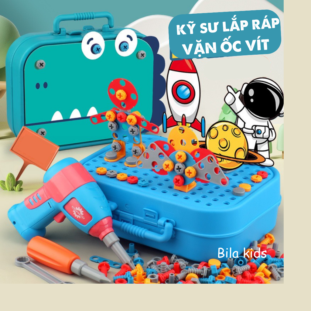 Đồ chơi cho bé trai lắp ráp kỹ sư, vặn ốc vít, hộp dụng cụ sửa chữa kỹ thuật di động, khoan điện, tovit, đồ chơi trẻ em