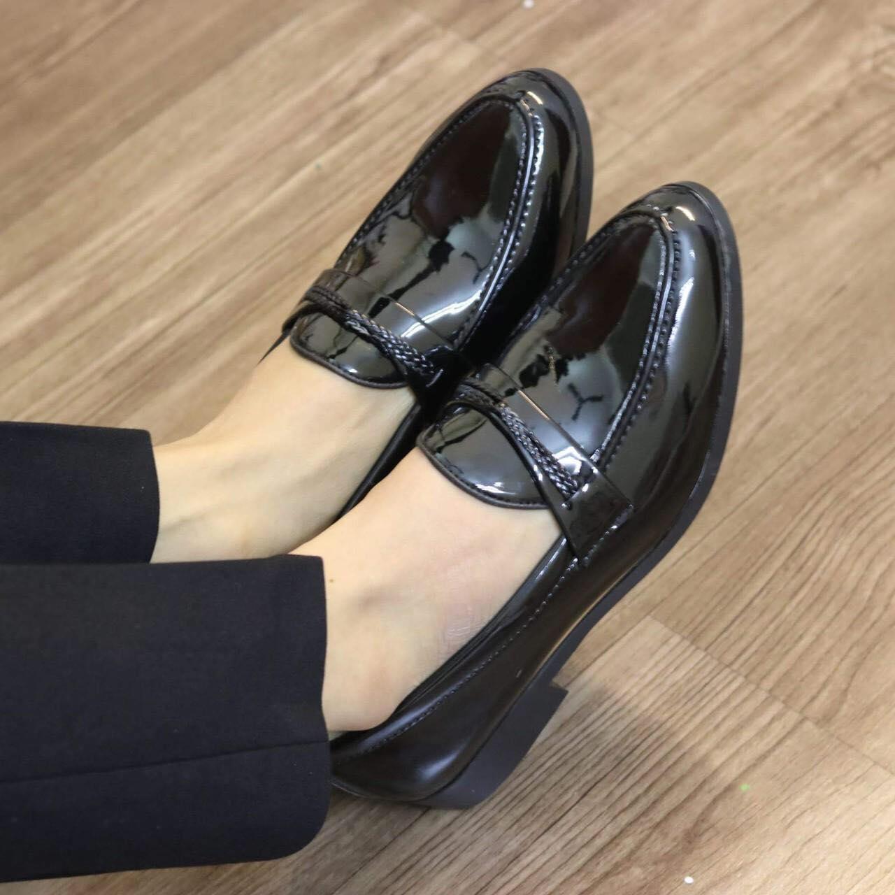 Giầy lười da dây tết da bóng