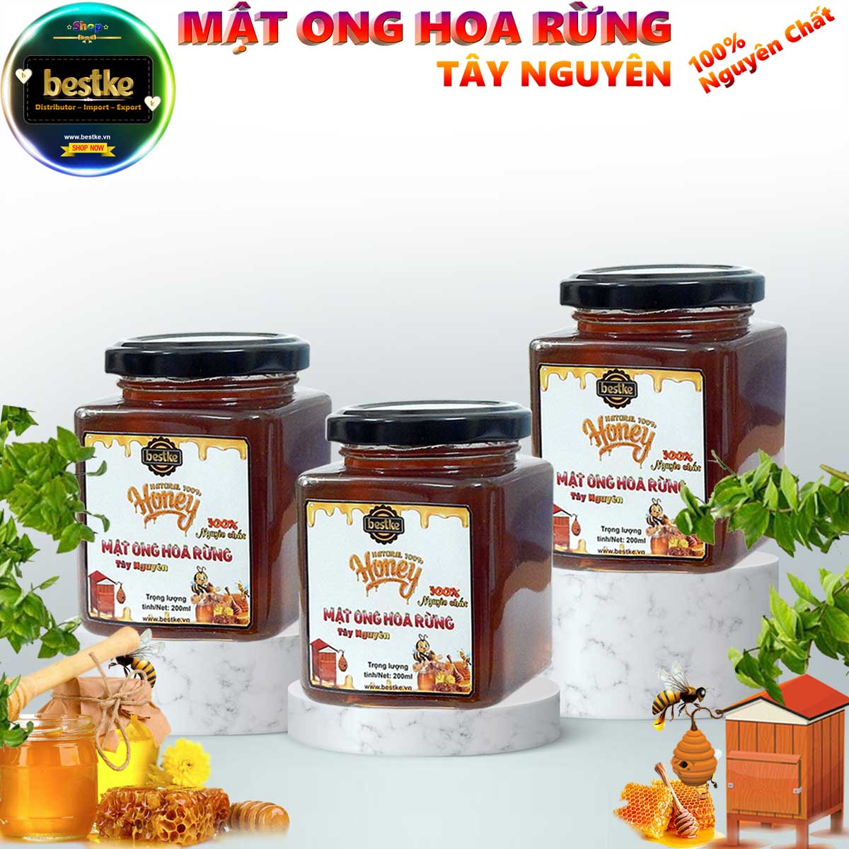 Mật ong nguyên chất , combo 3 hũ 600ml = 840g mật ong không tính bao bì