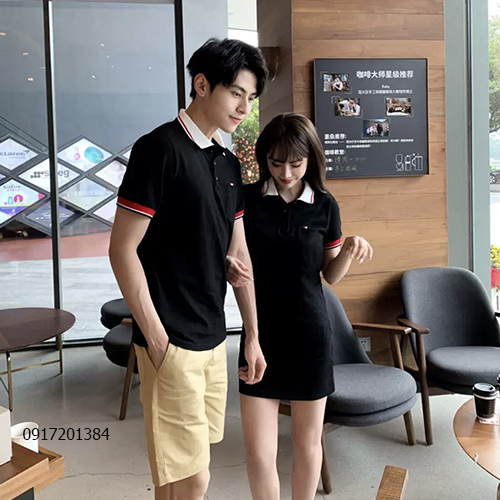 Áo váy thun đôi đen cổ trắng Tommy