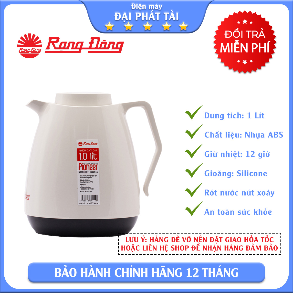 [HCM]Bình trà giữ nhiệt 1 lít Rạng Đông RD 1055 N1.E (Nhiều màu)