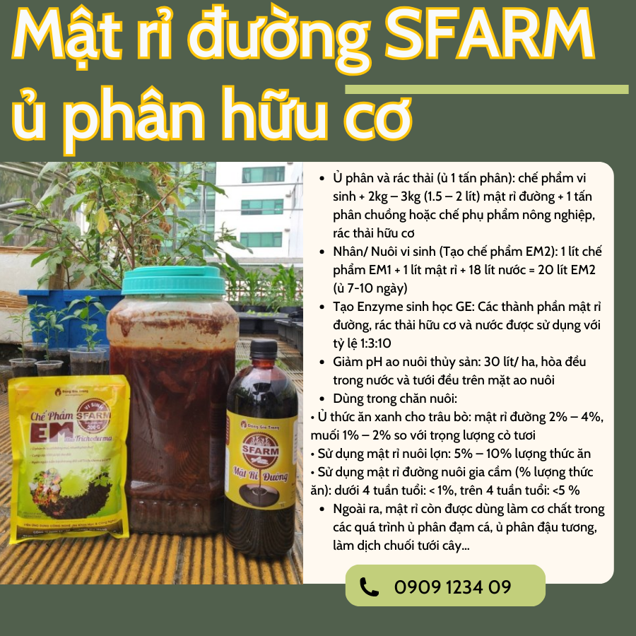 Mật rỉ đường SFARM ủ phân hữu cơ chai 1 Lit , rỉ mật nhân nuôi vi sinh, làm phân bón tưới cây