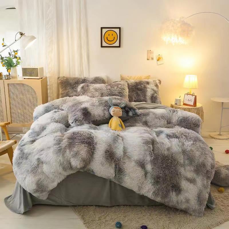 Bộ chăn ga gối nỉ nhung lông tuyết loang đen cá tính ( Tặng kèm gối trái tim)