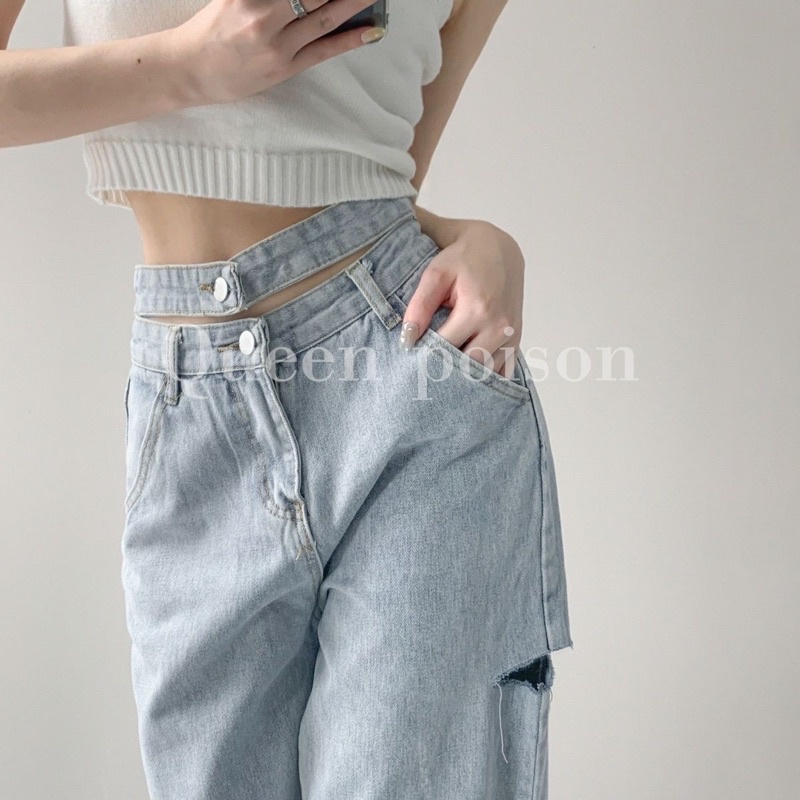Quần jean demin 2 cạp dáng suông cá tính