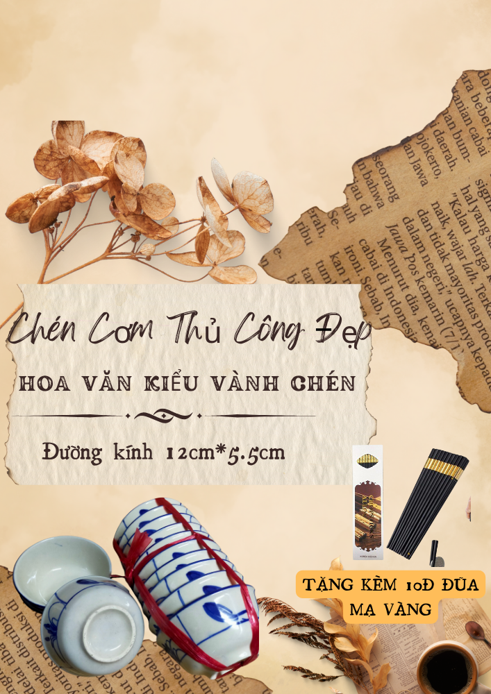 Combo 10c chén cơm hoa văn thủ công xưa hàng đẹp
