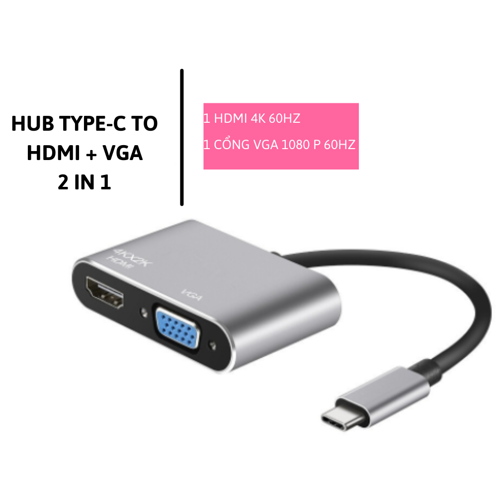 Cáp chuyển hub type c 2 in 1 usb type-c ra 2 cổng hdmi/vga