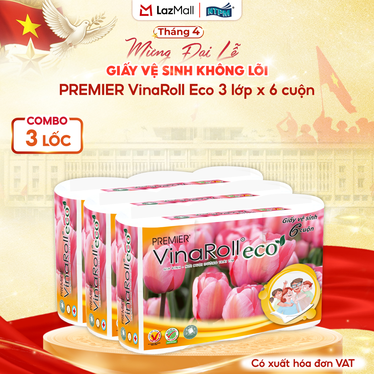[COMBO 3 LỐC] Giấy vệ sinh PREMIER VinaRoll Eco không lõi, 3 lớp - 1 nguyên chất + 2 tái chế, không chất tẩy, 6 cuộn/lốc - Chính hãng