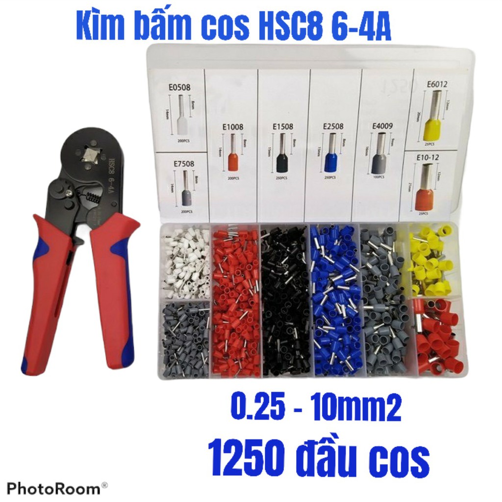 Kìm bấm cos vuông hsc8 6-4a tự điều chỉnh kèm 1250 đầu cos đủ loại cos ống tròn cos pin bấm các đầu cos từ 0.25 - 10mm2