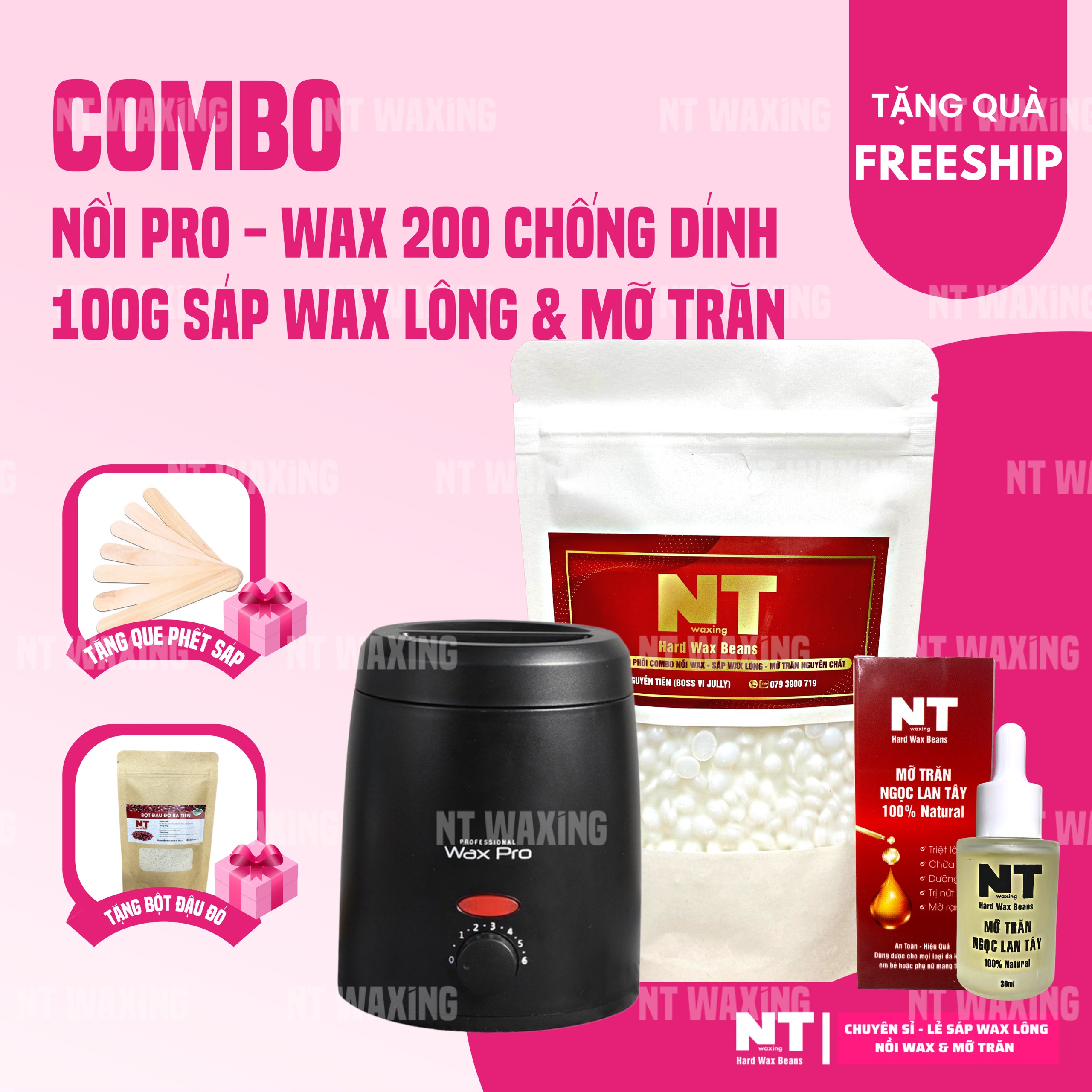 Combo triệt lông nồi nấu sáp wax lông PRO WAX 200 MINI kèm 100g sáp wax và mỡ trăn, wax lông tay, chân, nách, bikini