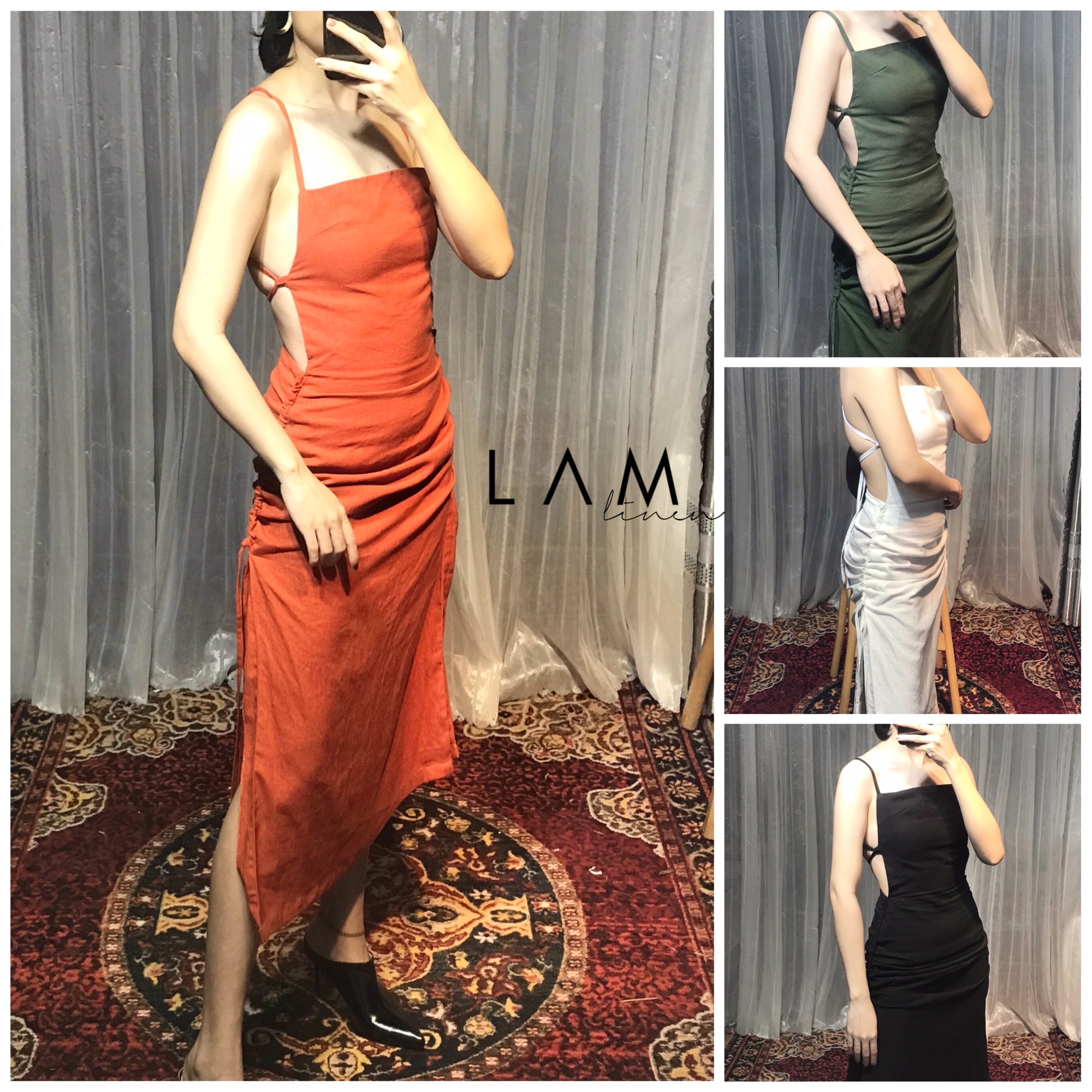 Đầm ôm hở lưng vải Linen
