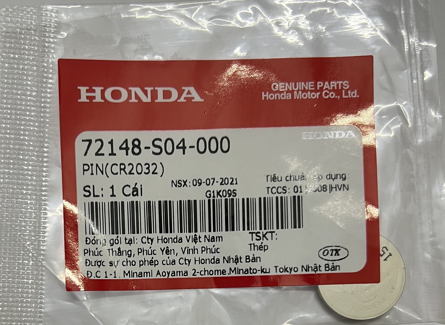 Pin cr2032 chìa khoá điều khiển smartkey honda remote sh, vision, airblade, lead, sh mode, pcx... smartkey chính hiệu honda