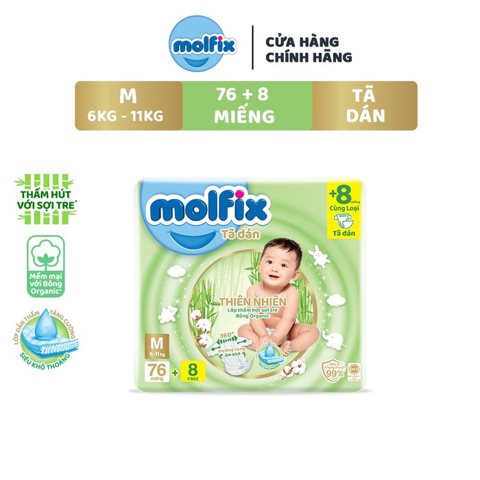 Tã quần Molfix Thiên nhiên Cực Đại M76/L68/XL62/XXL56 Tặng 8 Miếng
