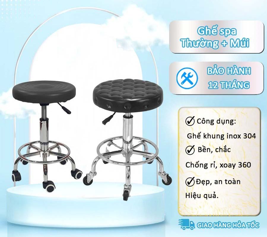 Ghế đôn hơi spa chỉnh cao thấp xoay 360 độ ghế mặt phẳng và ghế múi. dùng cho spa tmv