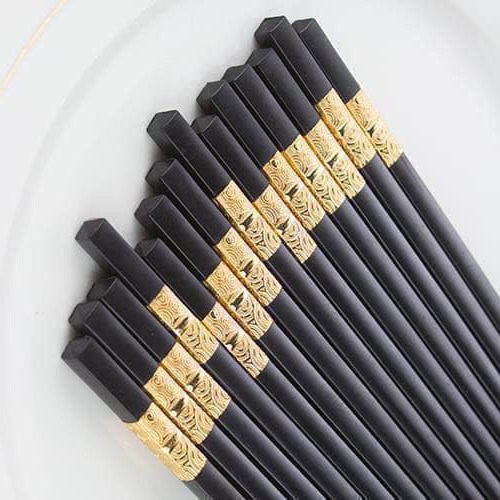 Bộ 10 Đôi Đũa Ăn Hợp Kim Đầu Mạ Vàng Sang Trọng-đôi đũa khảm vàng - Đũa ăn viền vàng - đũa ăn cơm - đũa ăn đen viền vàng