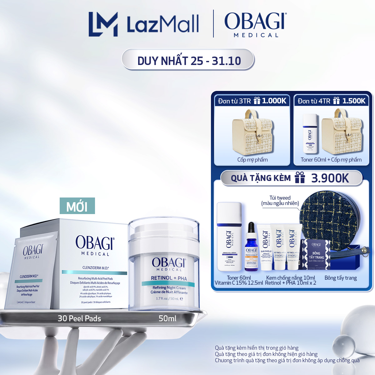 Combo Miếng Pad Peel Da Obagi CLENZIDERM M.D. RESURFACING MULTI-ACID (30 Mếng) và Kem Dưỡng Đêm Retinol + PHA (50ml)