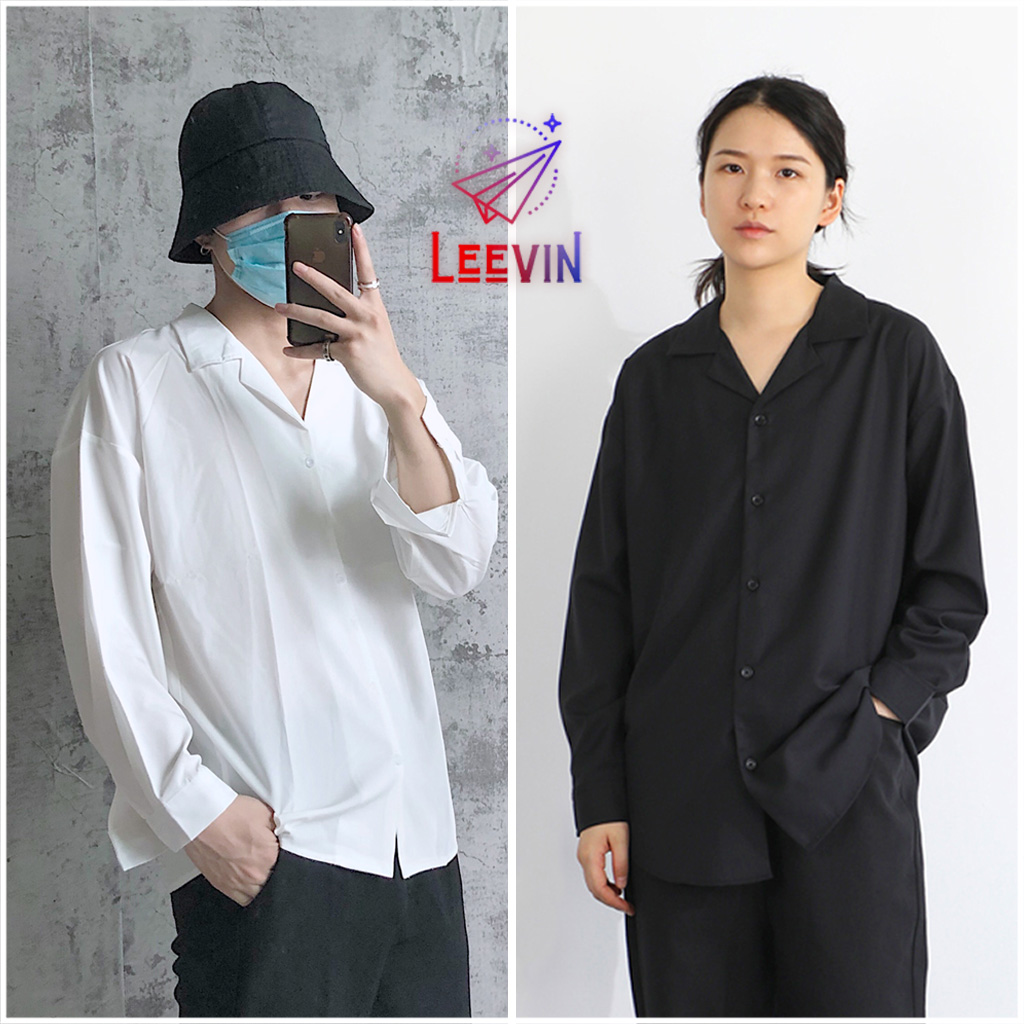 Áo sơ mi nữ Dài Tay Cổ Vest TRƠN Unisex nam nữ vải cotton lụa mềm - Kiểu sơ mi nữ form rộng Leevin Store