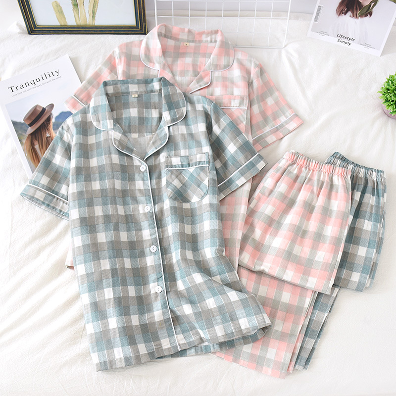 Bộ pyjama nữ vải xô cotton mặc nhà, mặc ngủ hoạ tiết kẻ caro