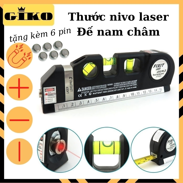 Thước nivo laser level pro3 đa năng đế từ tính có nam châm, Thước thủy cân bằng laser điện tử mini [GIKO 008]