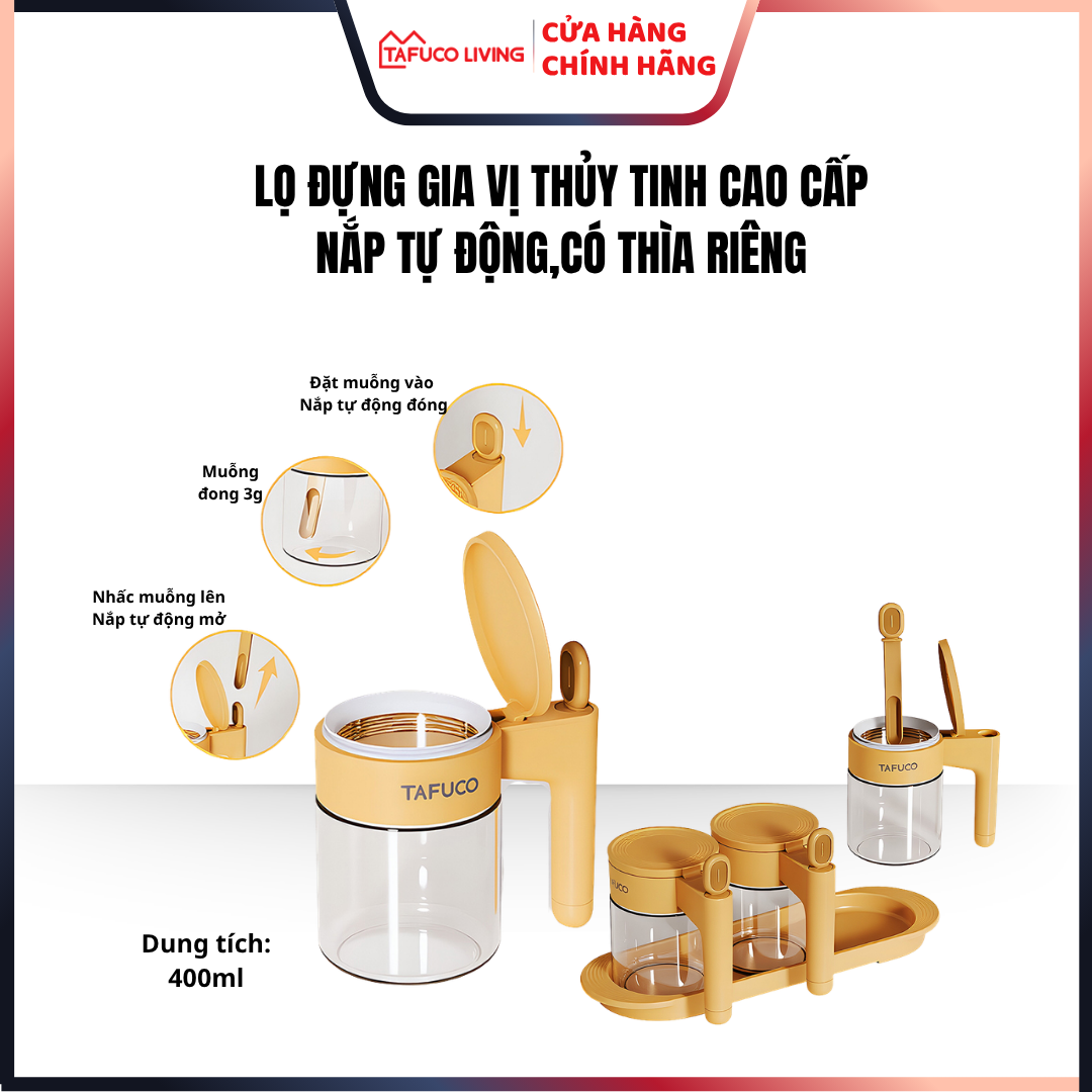 Lọ, Hũ đựng gia vị TAFUCO bằng thủy tinh kèm muỗng, có nắp thiết kế cơ chế tự động đóng mở, dung tích 400ml