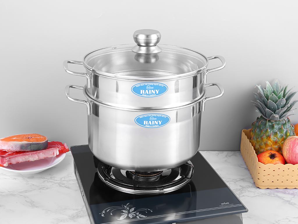 Bộ nồi xửng inox 1 đáy rainy nắp kính - rnx1, bộ nồi hấp 2 tầng đủ kích thước 20,24,26,28,30 cm - nắp kính tiện dụng, chất liệu inox 304 cao cấp