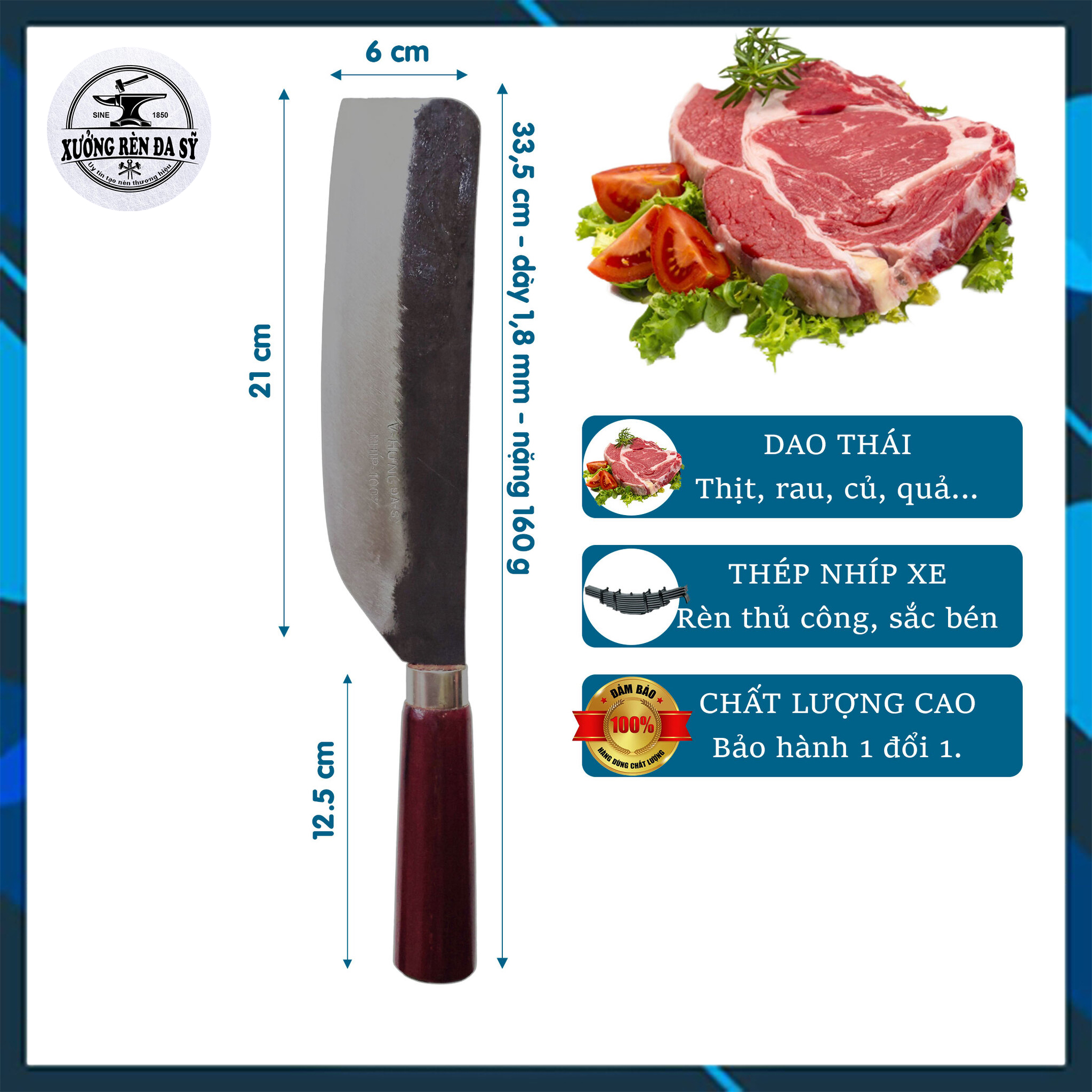 Dao Thái To Nhíp Xe Cán Gỗ Lim, Dao Thái Thịt, Thái Rau, Gọt Hoa Quả, Dao Đa Sỹ Rèn Từ Thép Nhíp Xe Siêu Bền, Cán Gỗ Lim Chắc Chắn