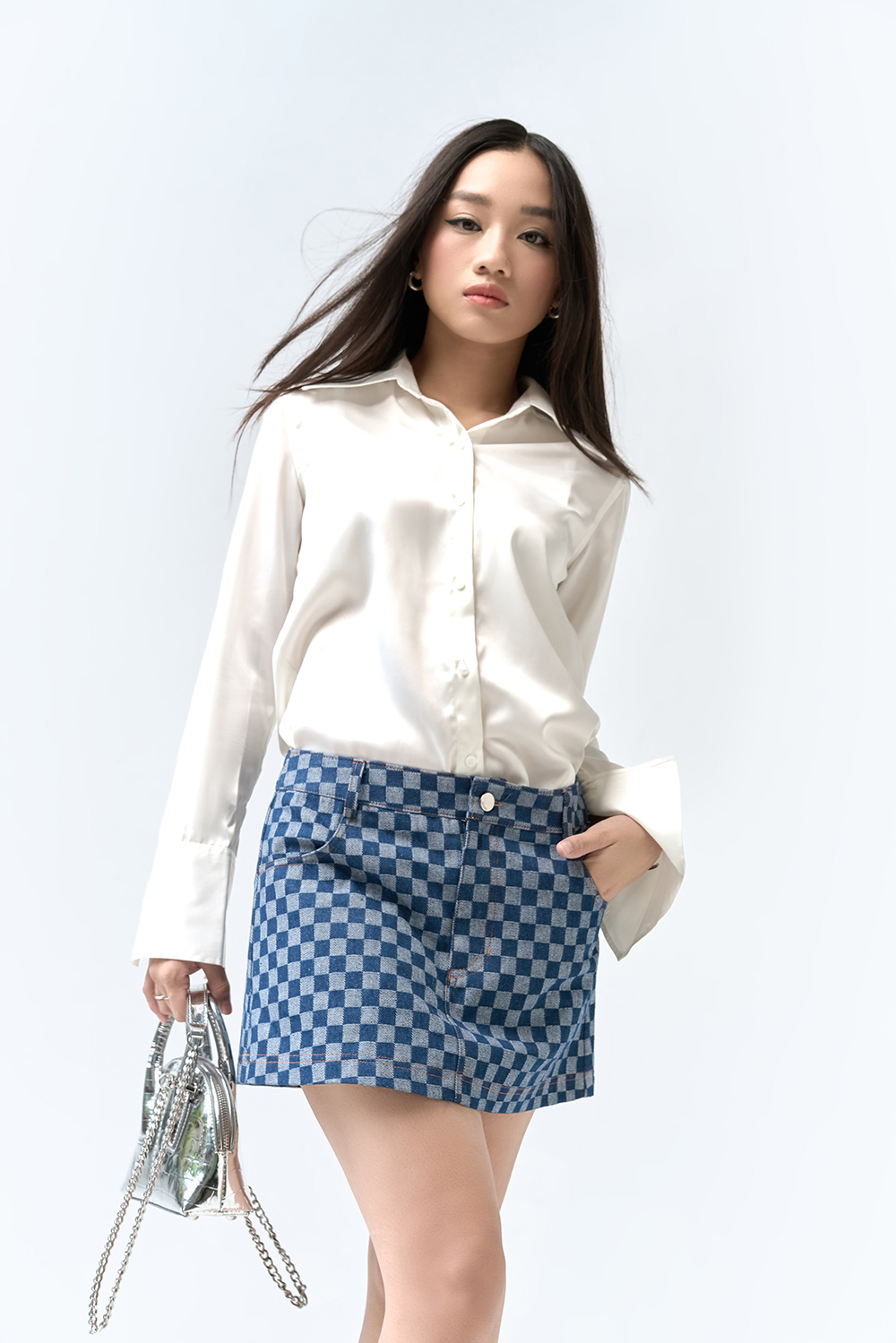 Dottie - chân váy mini vải denim kẻ ô nữ dottie xanh - s0112