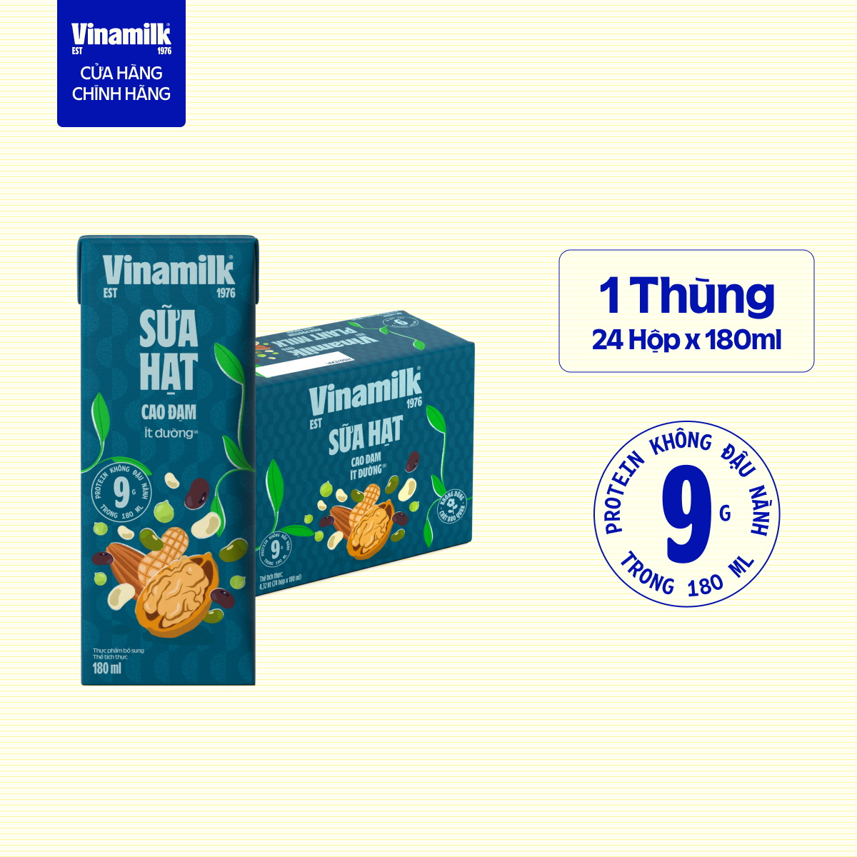 Thùng 24 hộp sữa hạt Cao Đạm ít đường Vinamilk - hộp 180ml