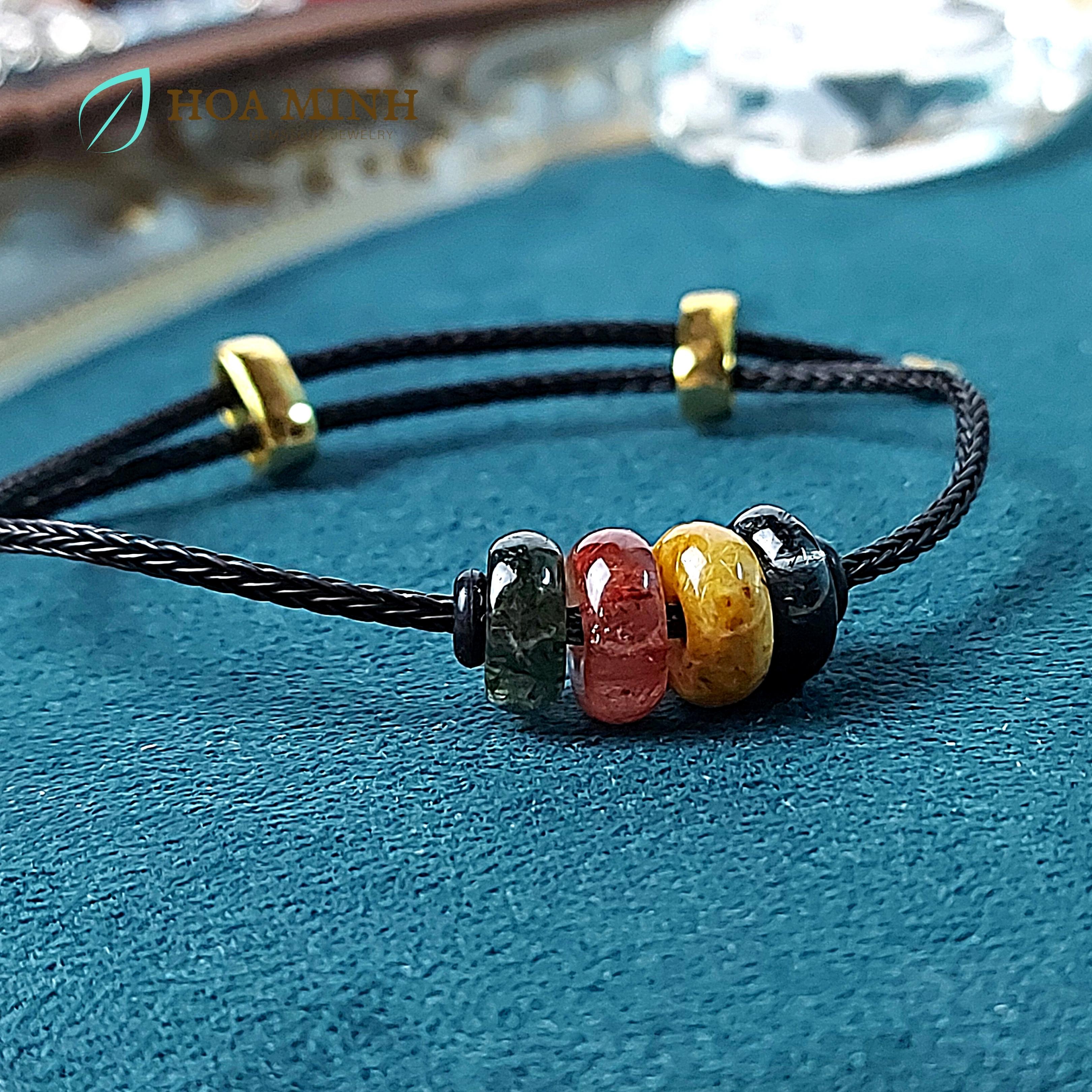 Vòng tay dây cáp đồng điếu thạch anh tóc 4 điếu vip size 9, 10 li phúc lộc thọ | hoa minh gem