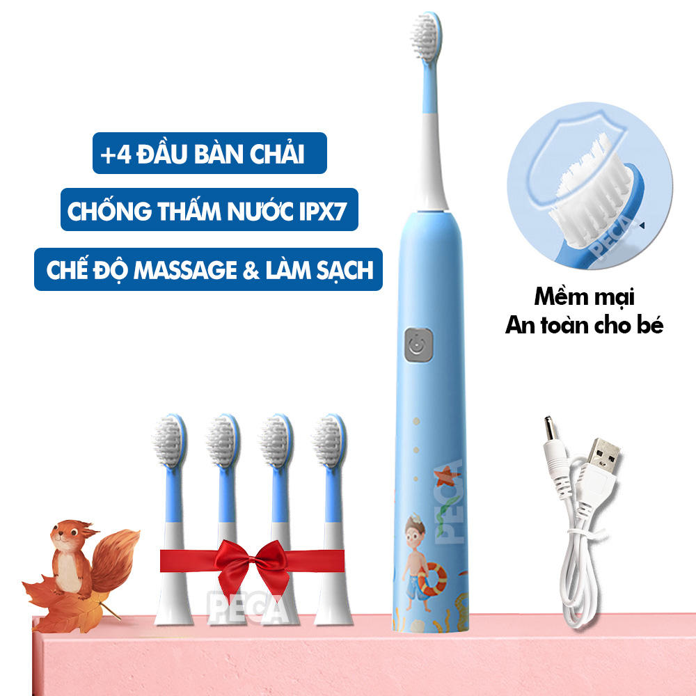 Máy đánh răng điện trẻ em KEMEI KM-YS710 sạc không dây chống thấm nước IPX7, tặng kèm 4 đầu bàn chải tiện lợi