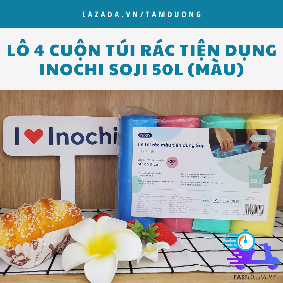 Lô 4 cuộn túi Rác Inochi tiện dụng 50L (nhiều màu) [HCM-Giao hoả tốc 2h]