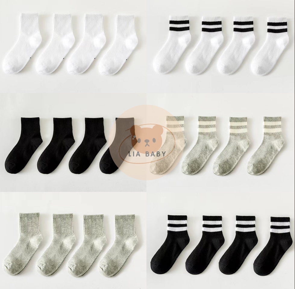 Set 4 Đôi Tất Vớ Kẻ Sọc Trắng Đen Xám Phong Cách Thể Thao Cho Bé 1-12 tuổi