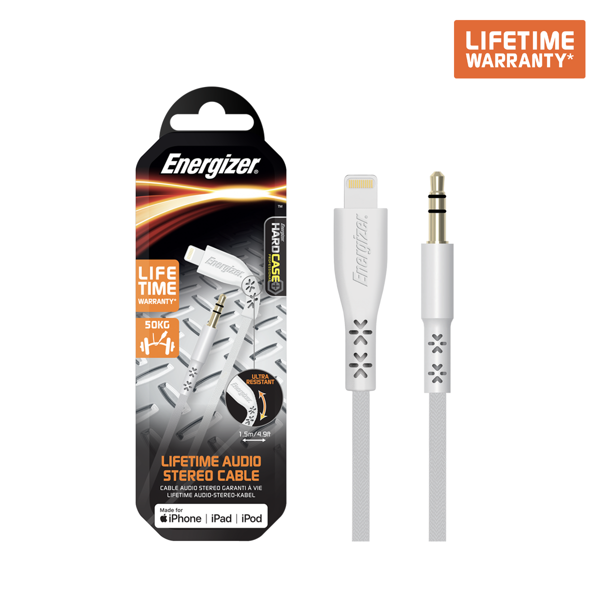 Cáp Lightning Lifetime Warranty Audio Energizermàu trắng - C41EUJALIHT