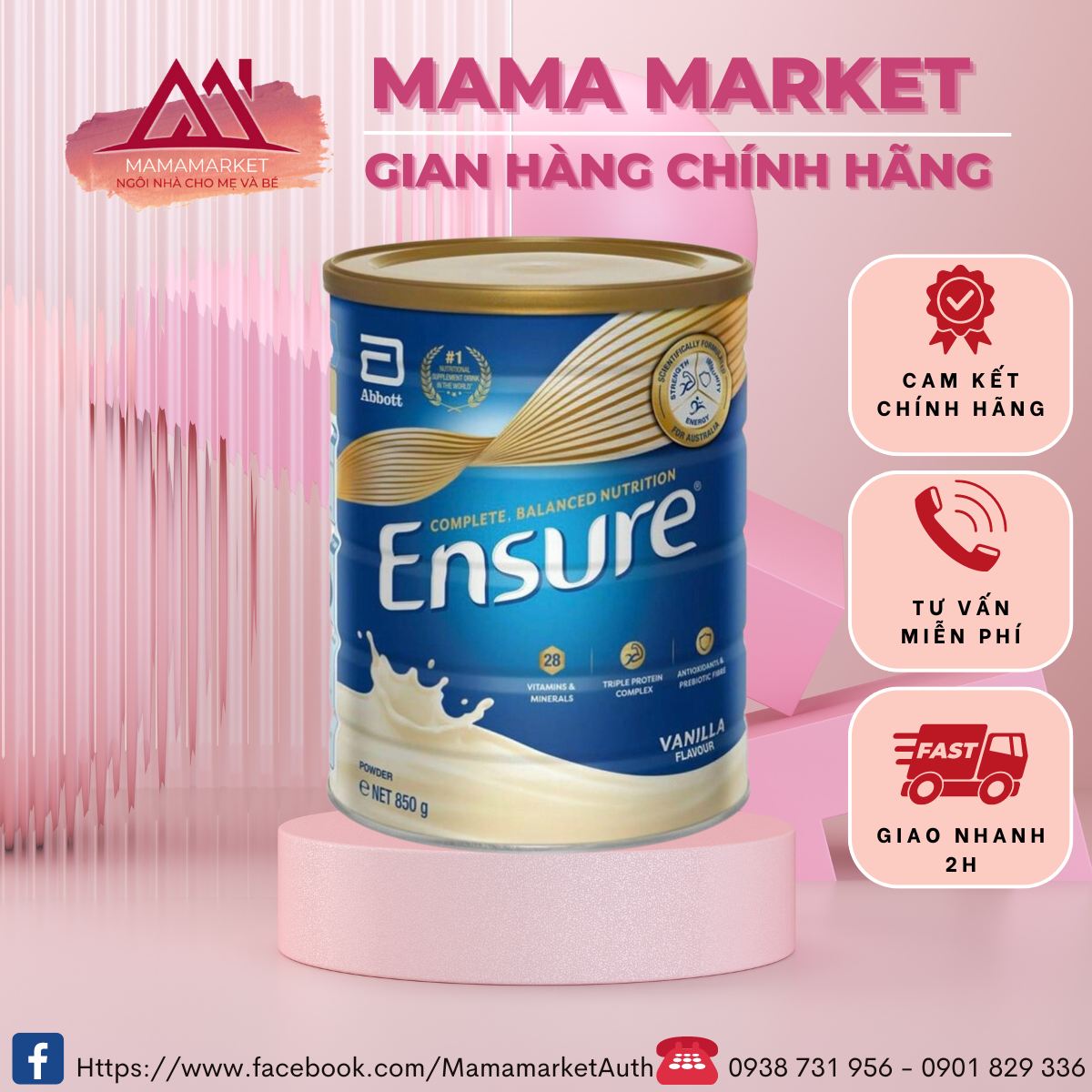 Sữa bột Ensure ÚC hương vanilla của Úc - hộp 850g